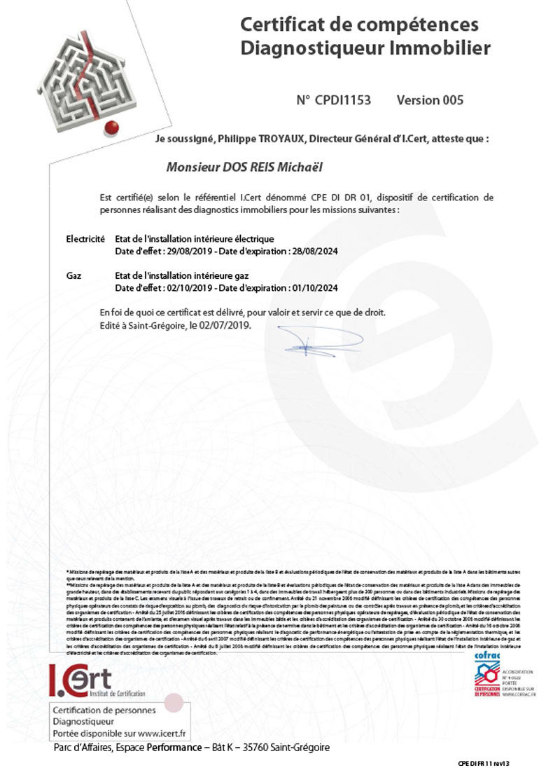 Certificat de compétences Diagnostiqueur Immobilier Pour M. Dos Reis Michael